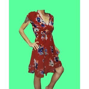 Patrons of Peace Dark Red Floral Wrap Boho Mini Dress Size Medium | Tie Waist